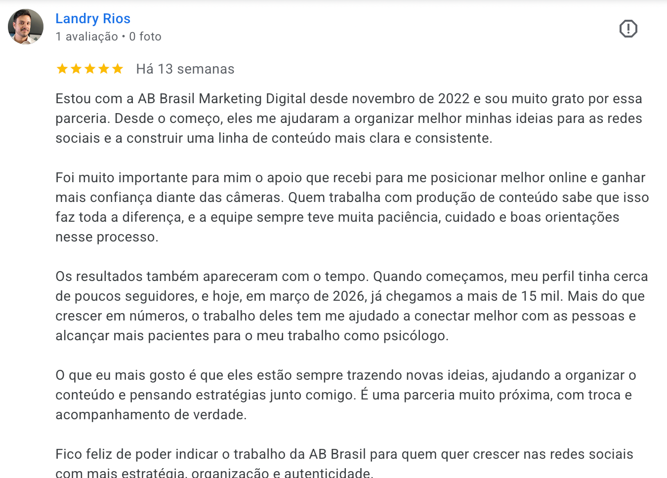 Avaliação de Landry Rios no Google